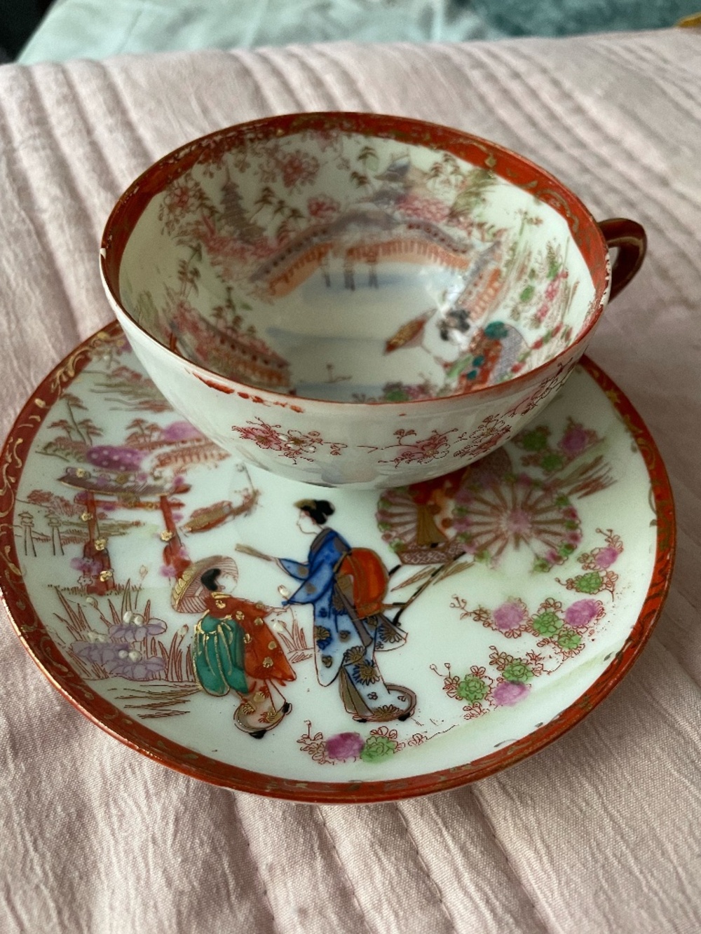 Antique Japanese Geisha Teacup & Saucer Hand Painted, Orange Trim